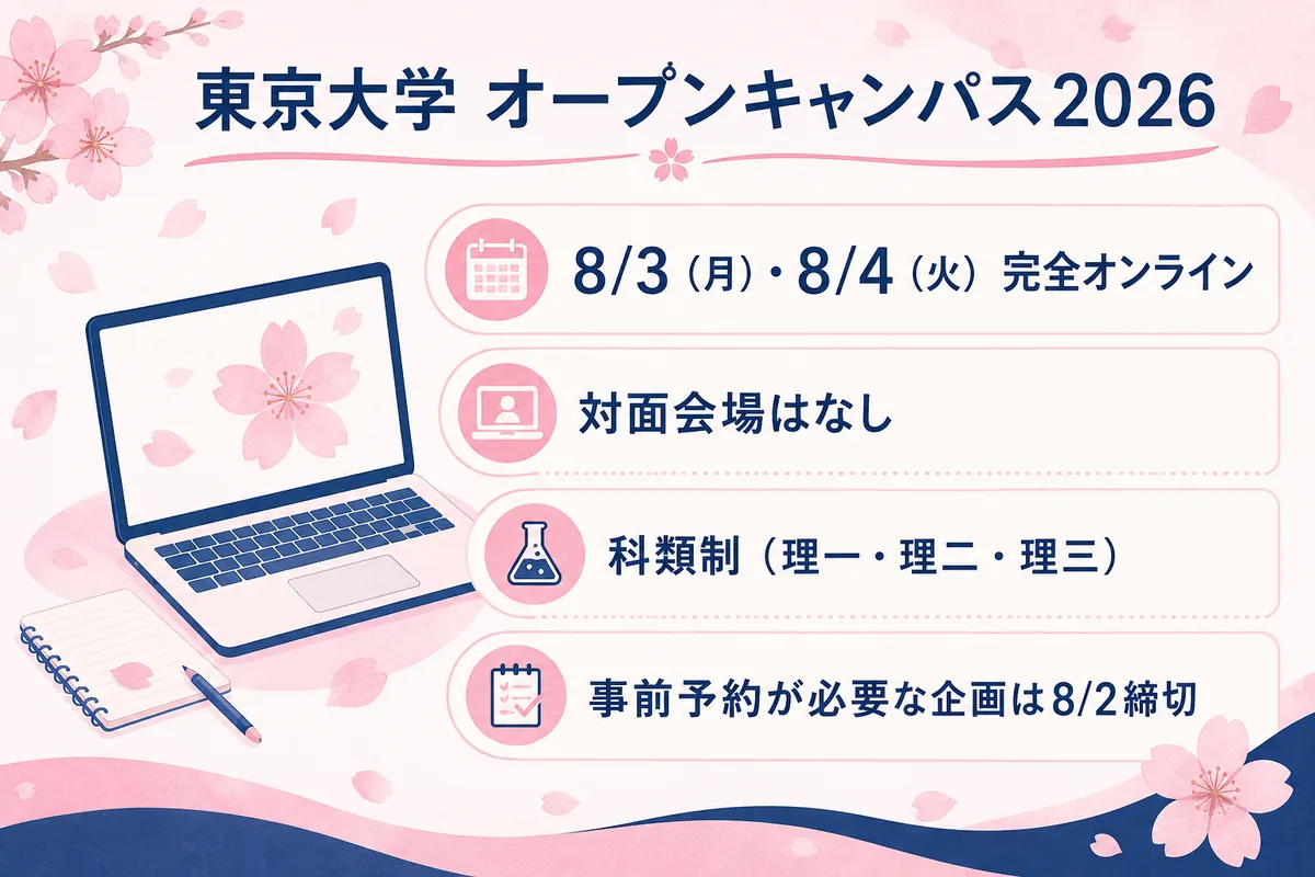 東京大学の2026年オープンキャンパスの日程(8月3日・4日/完全オンライン)と科類制を示した概念図。