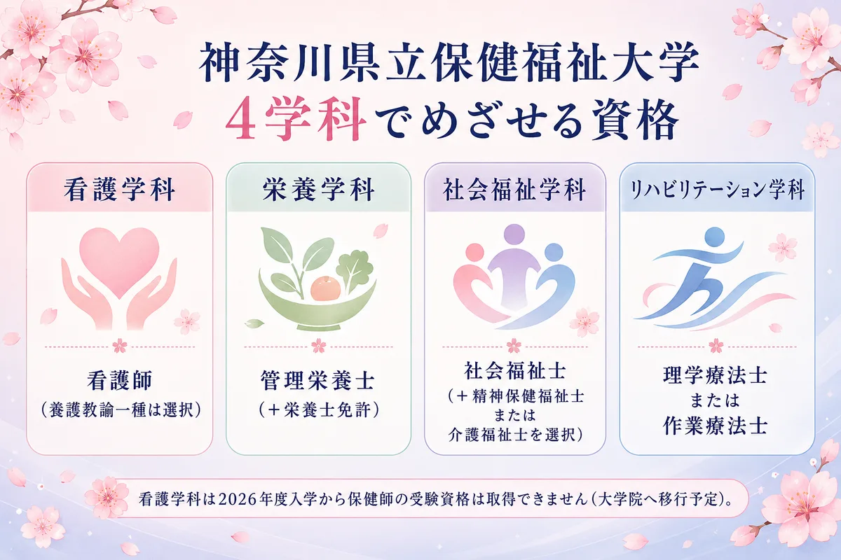 神奈川県立保健福祉大学 4学科でめざせる国家資格の一覧図。看護師・管理栄養士・社会福祉士・精神保健福祉士・理学療法士・作業療法士などを桜モチーフで整理。
