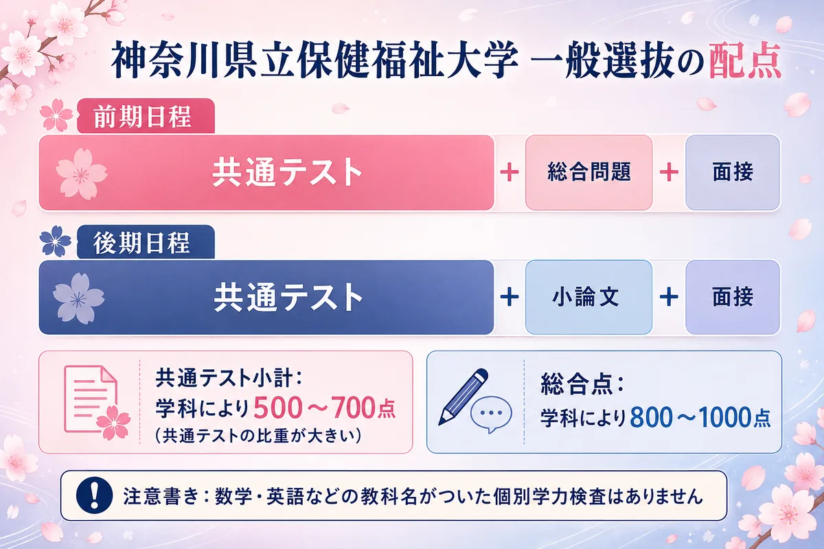 神奈川県立保健福祉大学 一般選抜の配点イメージ。前期=共テ+総合問題+面接、後期=共テ+小論文+面接で、共テ小計500〜700・総合点800〜1000を図解。