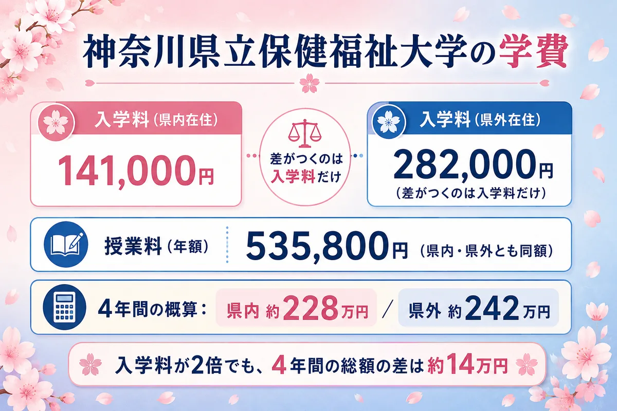 神奈川県立保健福祉大学の学費イメージ。入学料は県内141,000円/県外282,000円、授業料は年額535,800円(県内外同額)、4年概算は約228万〜242万円を図解。