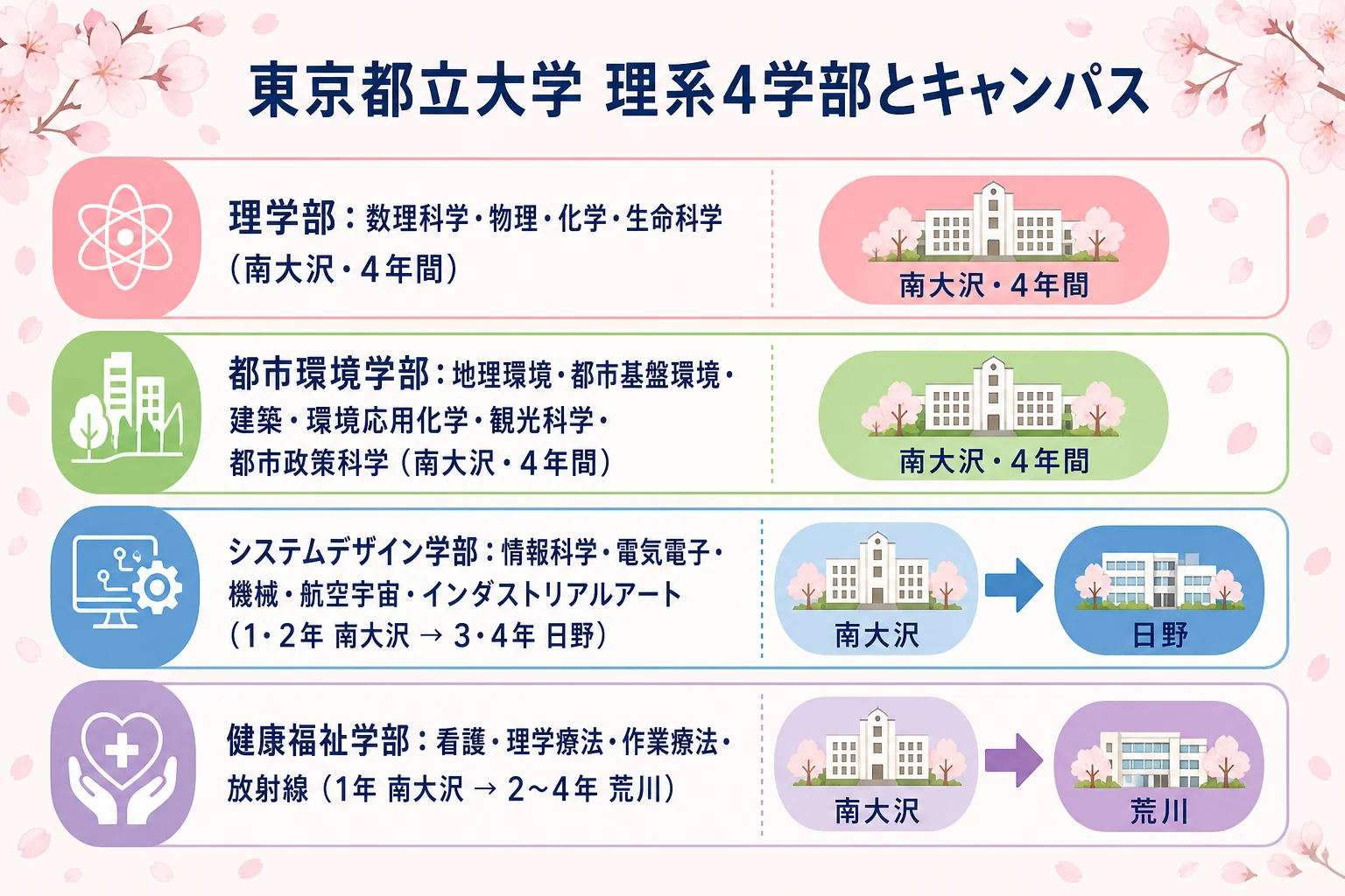 理系4学部とキャンパスの対応図。4学部の学科一覧と、南大沢(理・都市環境が4年間)→日野(システムデザイン3・4年)→荒川(健康福祉2〜4年)の移動を矢印で示した図
