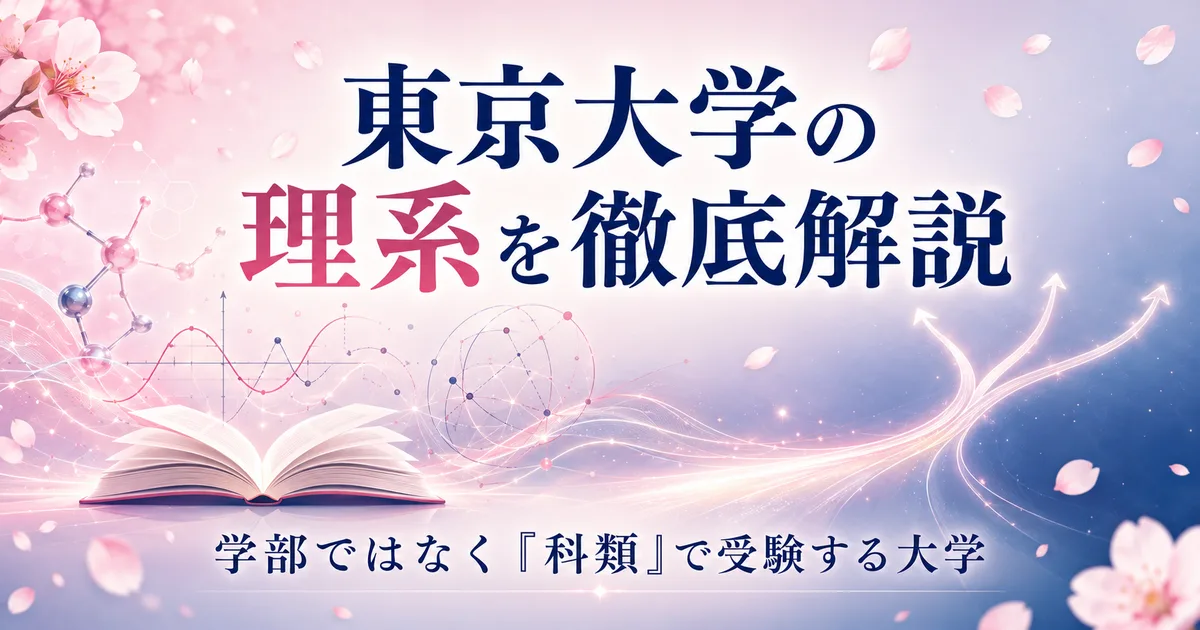 東京大学の理系を徹底解説する記事のアイキャッチ。学部ではなく科類で受験する大学であることを桜デザインで表現。