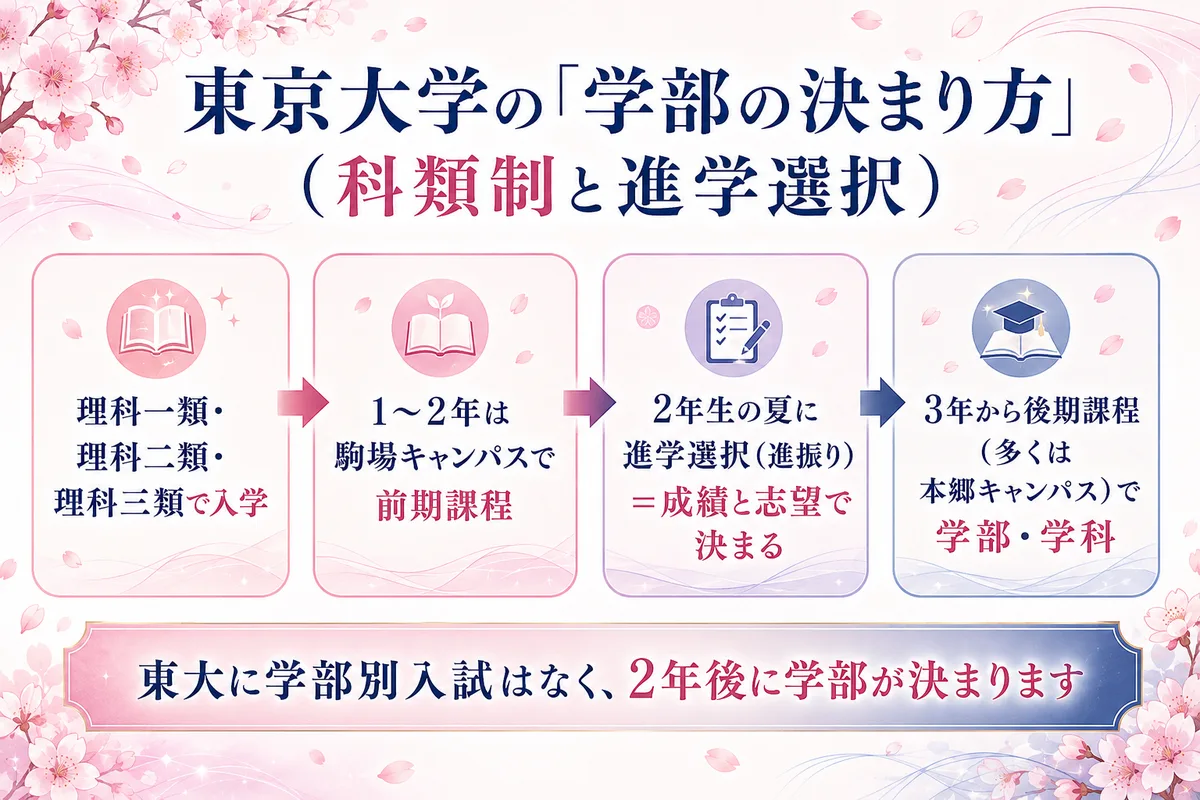 東京大学の「学部の決まり方」を示す図。理科一類・二類・三類で入学し、2年後の進学選択(進振り)で学部が決まる流れを図解。