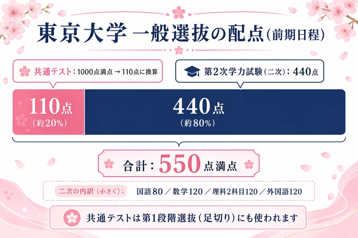 東京大学 一般選抜(前期)の配点図。共通テスト1000点を110点に換算し二次440点と合わせた550点満点で、二次の比重が大きいことを図解。