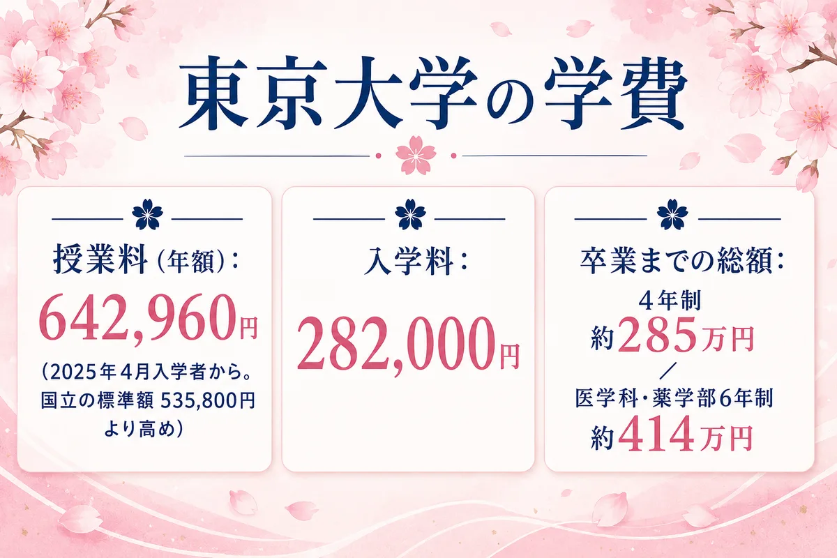 東京大学の学費の図。授業料642,960円(国立標準535,800円より高め)、入学料282,000円、卒業総額 約285万〜414万円を表示。