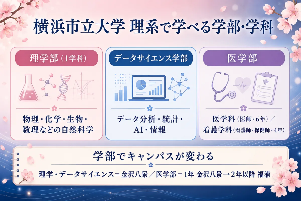 横浜市立大学 理系で学べる学部の全体像。理学部・データサイエンス学部・医学部(医学科/看護学科)の3つを、主な分野・修業年限・主なキャンパス(金沢八景/福浦)とともに、桜モチーフで図解