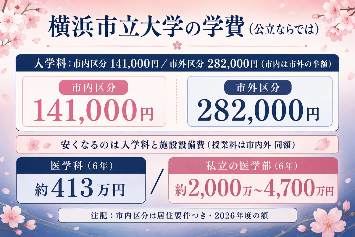 横浜市立大学の学費イメージ。①「市内区分」は入学料が市外の半額(市内141,000円/市外282,000円)で、安くなるのは入学料と施設設備費(授業料は市内外同額)②医学科は6年間でも約413万円で、私立医学部(6年で約2,000万〜4,700万円)より大幅に低い、の2点が伝わるよう桜モチーフで図解。※市内区分は居住要件つき・2026年度の額、の小さな注記入り