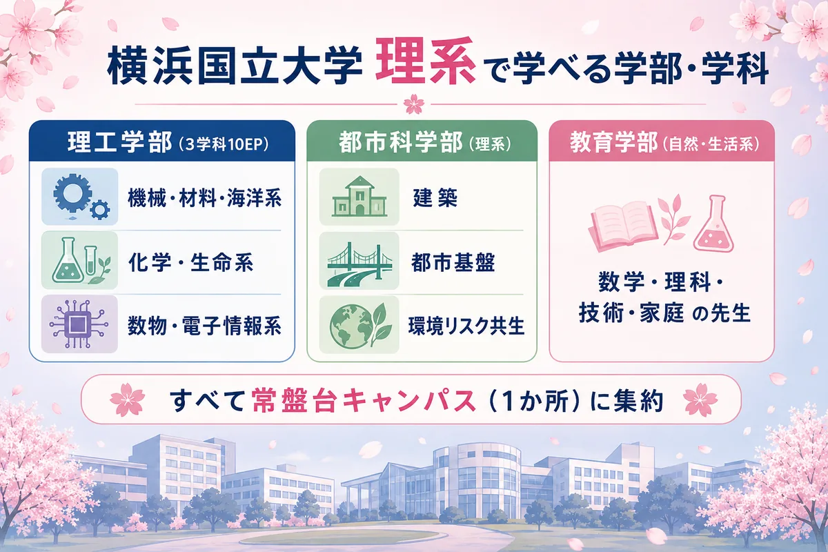 横浜国立大学 理系で学べる学部・学科の全体像。理工学部(機械・材料・海洋系/化学・生命系/数物・電子情報系)、都市科学部の理系3学科(建築/都市基盤/環境リスク共生)、教育学部・自然生活系(理科・数学の先生)を、常盤台キャンパス1か所に集約されていることが分かるよう、桜モチーフで図解