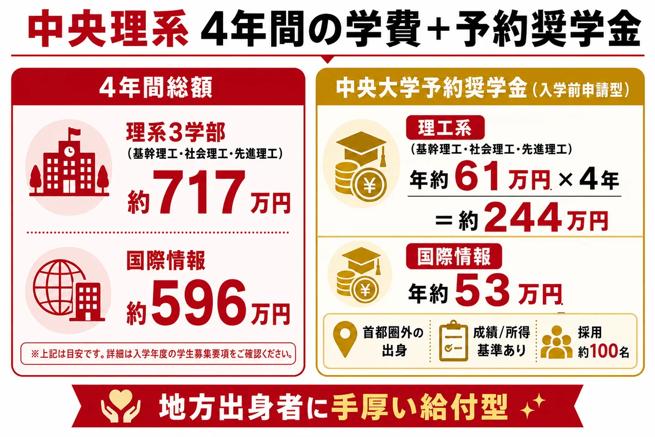 中央大学 学費+予約奨学金フロー図(理系約717万円/予約奨学金 年約61万円×4年=約244万円・首都圏外出身者向け)