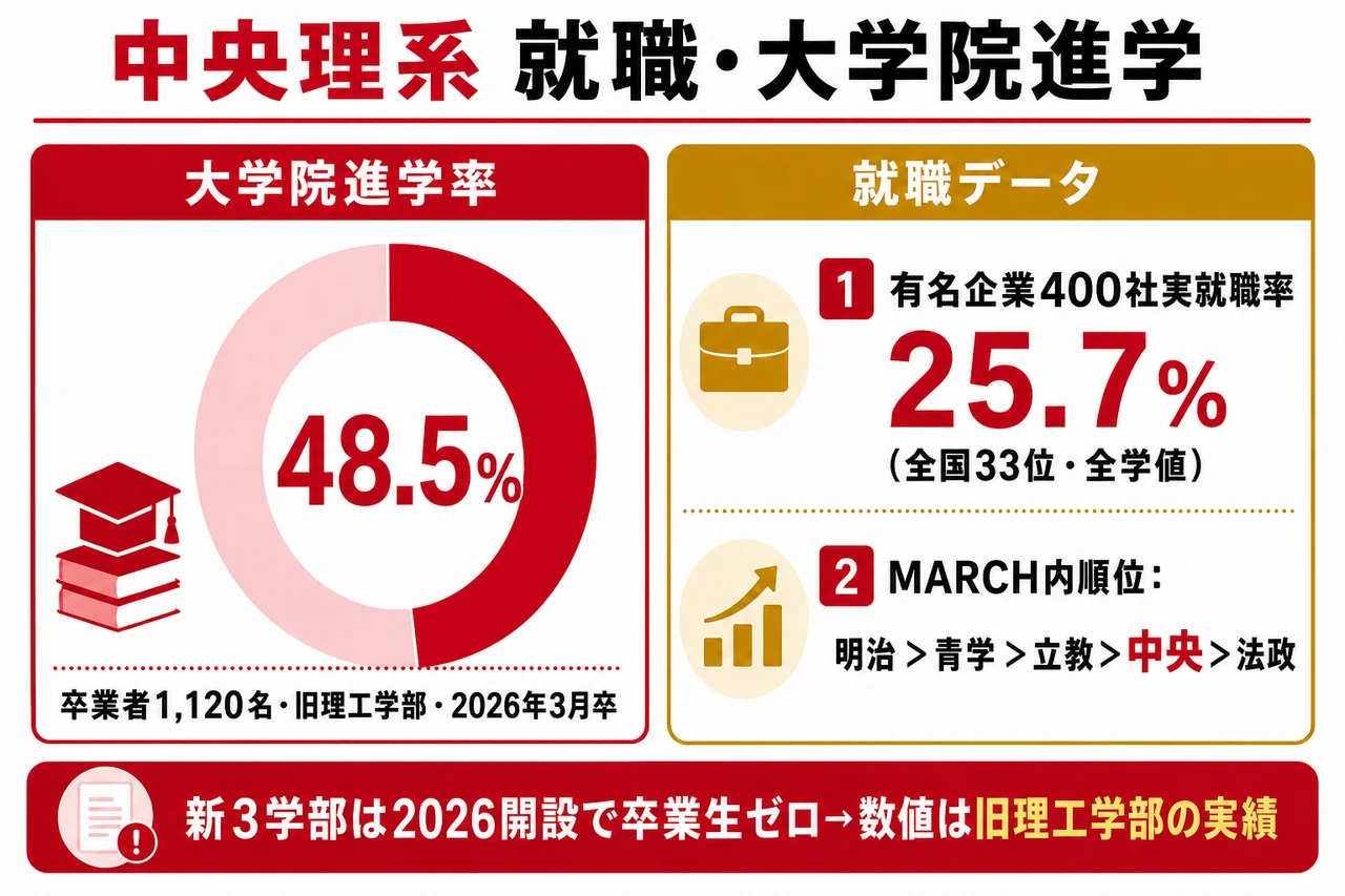 中央理系 就職・大学院進学(400社実就職率25.7%=全学値/旧理工学部 大学院進学率 48.5%・2026年3月卒)