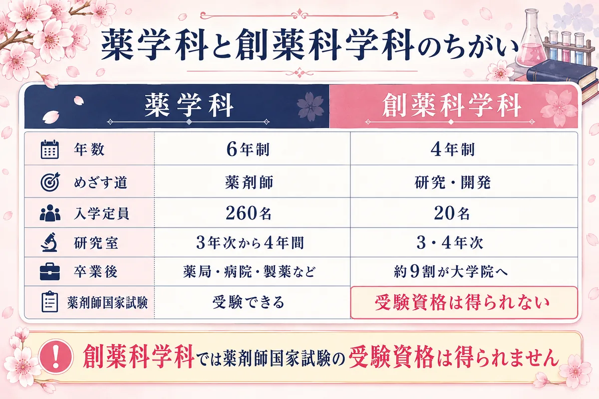 星薬科大学の薬学科(6年制)と創薬科学科(4年制)の違いを比べた早見表