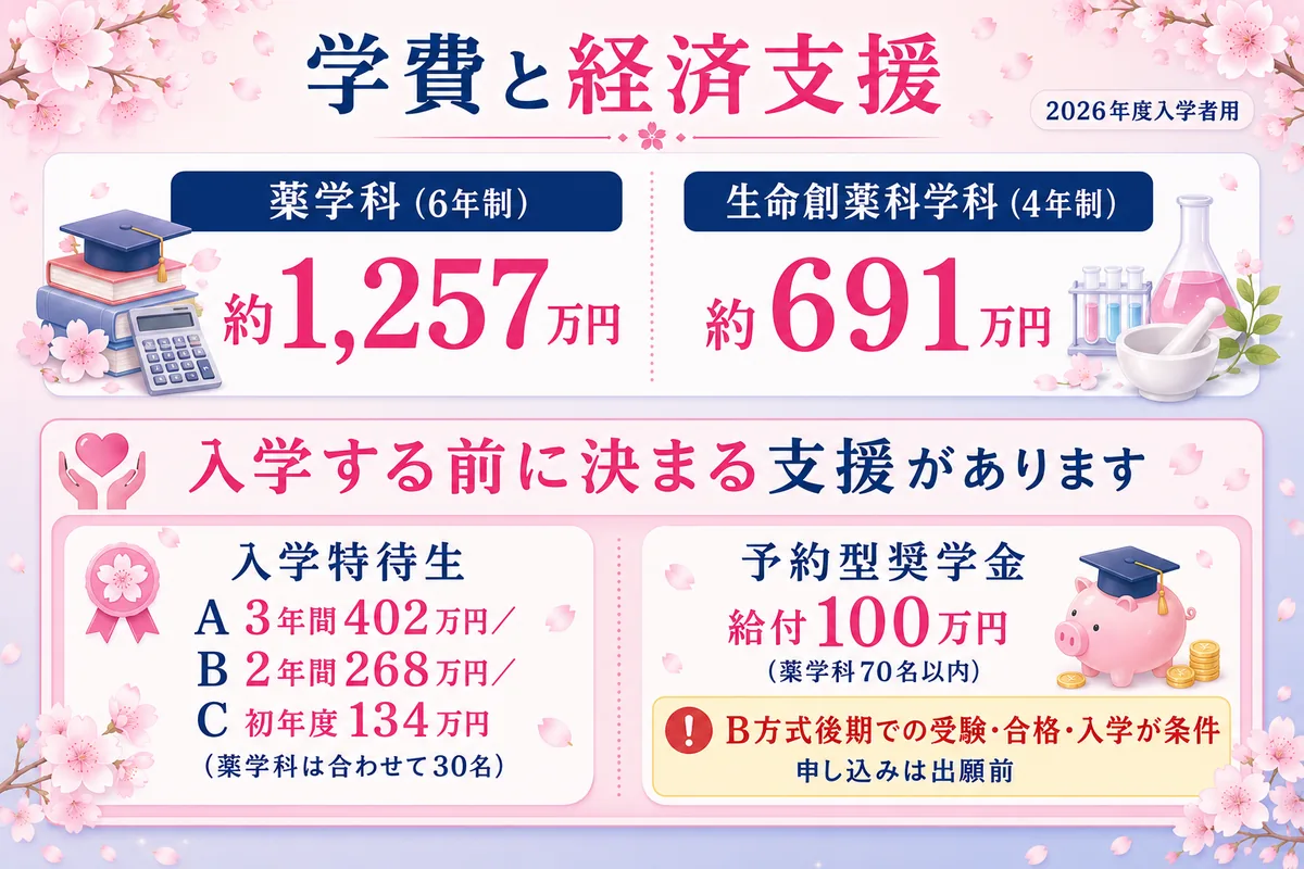 明治薬科大学の学費と経済支援(薬学科6年 約1,257万円・入学特待生と予約型奨学金100万円は入学前に決まる)