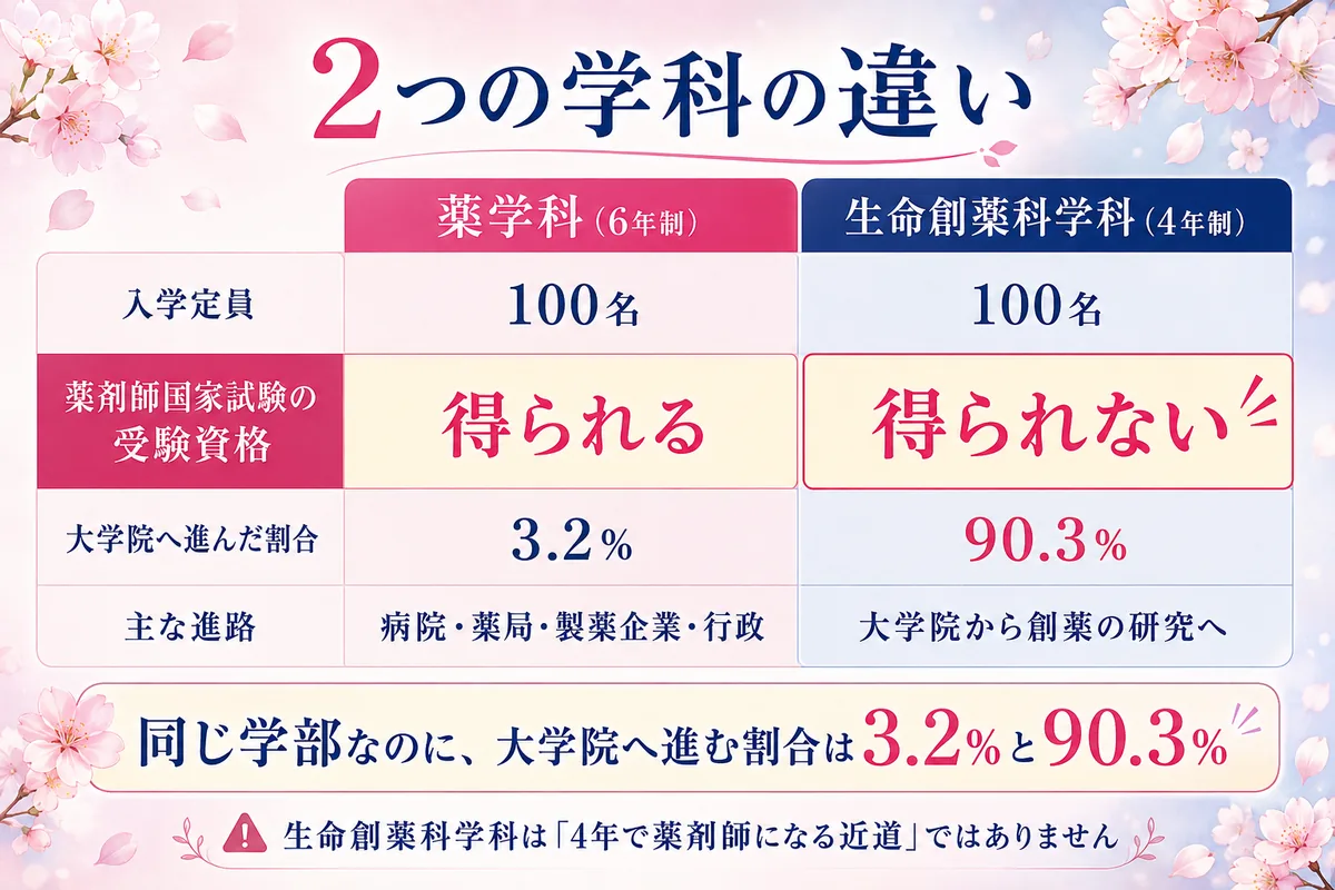 東京理科大学薬学部の2つの学科の違い(薬学科6年制は薬剤師国家試験の受験資格あり・生命創薬科学科4年制は受験資格なしで大学院進学90.3%)