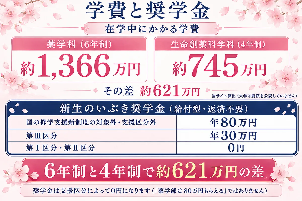 東京理科大学薬学部の学費と奨学金(薬学科6年で約1,366万円・生命創薬科学科4年で約745万円・いぶき奨学金は最大80万円で区分により0円)