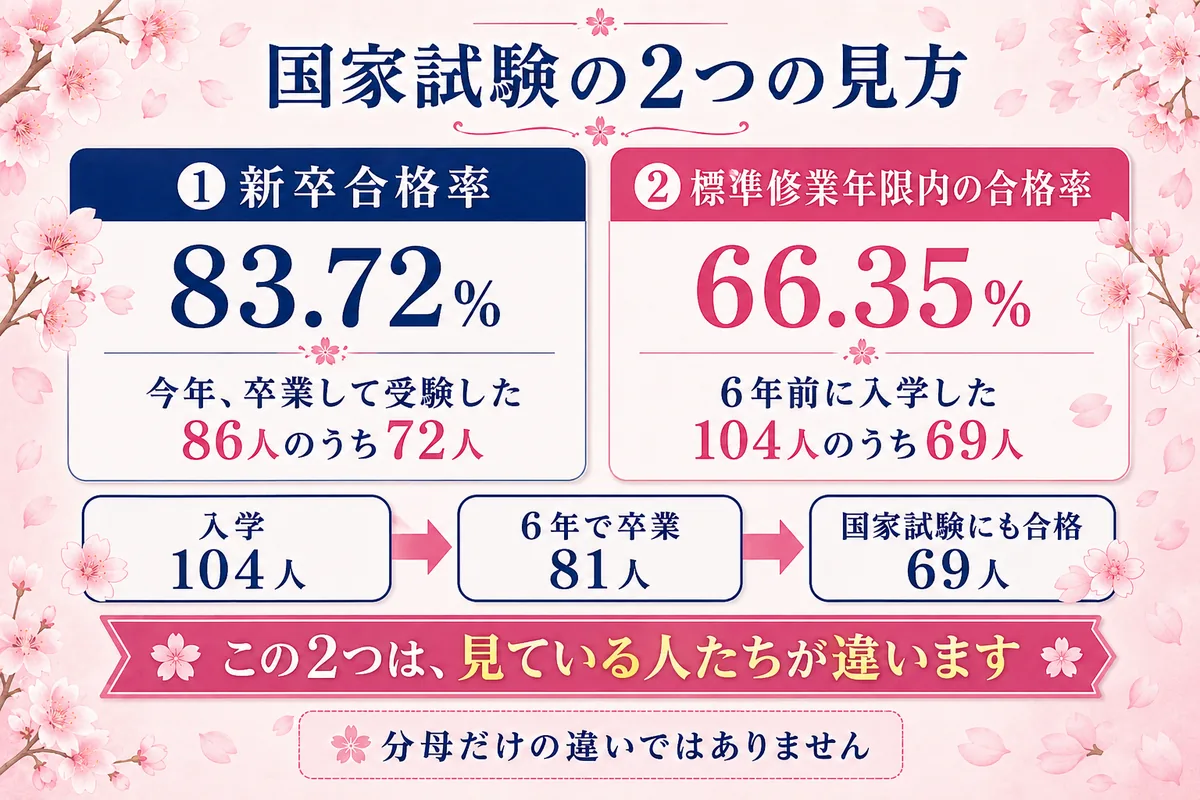 東京理科大学薬学部の薬剤師国家試験2つの見方(新卒83.72%は今年受けた86人・標準修業年限内66.35%は入学した104人を追った数字)