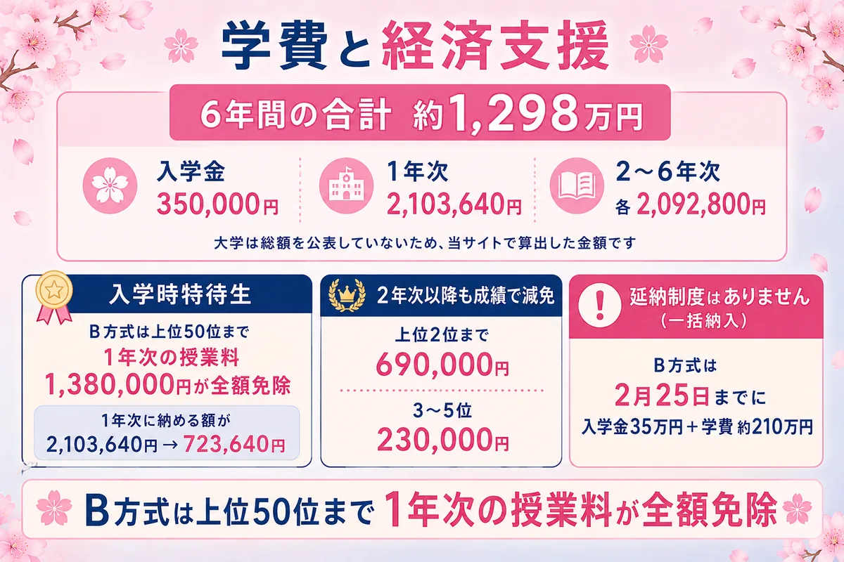昭和薬科大学の学費と経済支援(6年で約1,298万円・B方式は上位50位まで1年次の授業料138万円が全額免除・延納制度なし)
