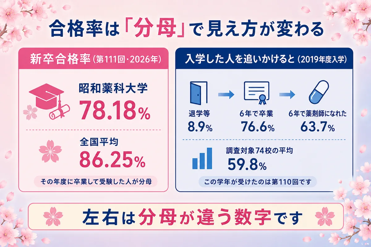 昭和薬科大学の薬剤師国家試験 2つの見方(第111回の新卒78.18%と2019年度入学者の6年で薬剤師63.7%は分母が違う)