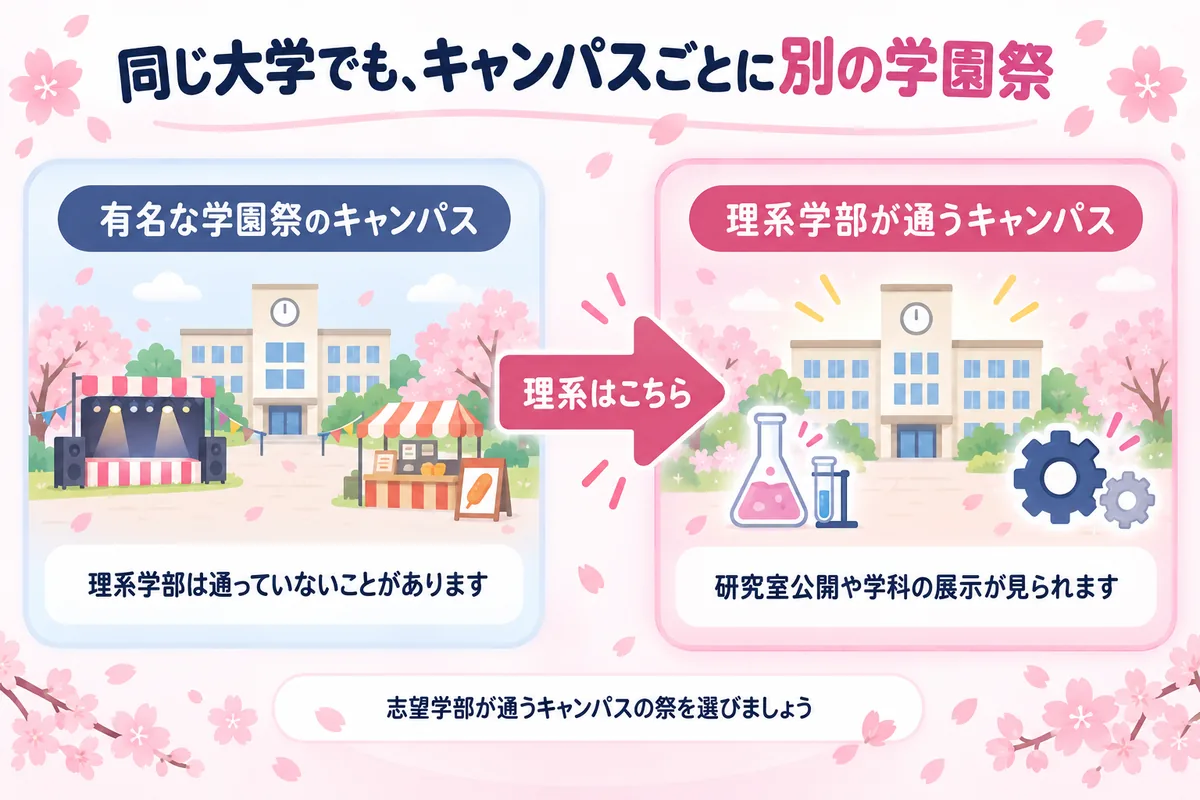 同じ大学でも、有名な学園祭のキャンパスと理系学部が通うキャンパスが別になることを示した図