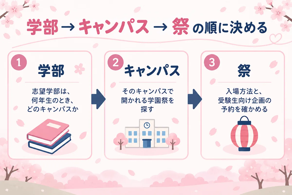 理系の学園祭は学部・キャンパス・祭の順に決める、という3つのステップを示した図