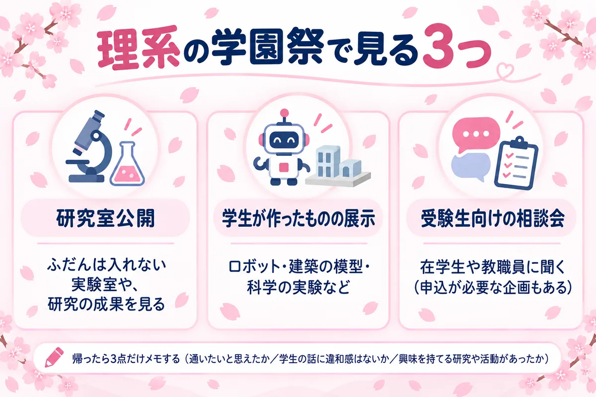 理系の学園祭で見る3つ=研究室公開・学生が作ったものの展示・受験生向けの相談会を示した図