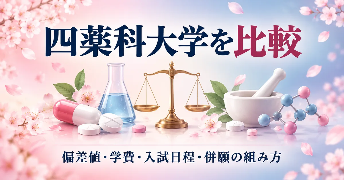 四薬科大学（東京薬科・明治薬科・星薬科・昭和薬科）の偏差値・学費・入試日程・併願の組み方を比べる記事のアイキャッチ
