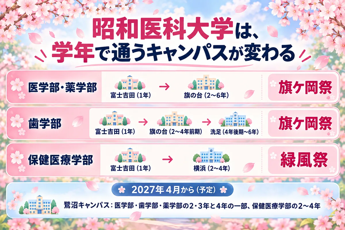 昭和医科大学の学部が、学年ごとに通うキャンパスと学園祭を示した図。2027年4月から鷺沼キャンパスが開く予定